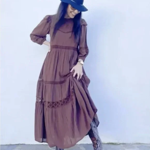 🐣 SALE Zara Dark Brown Embroidered Maxi Dress - Picture 2 of 7
